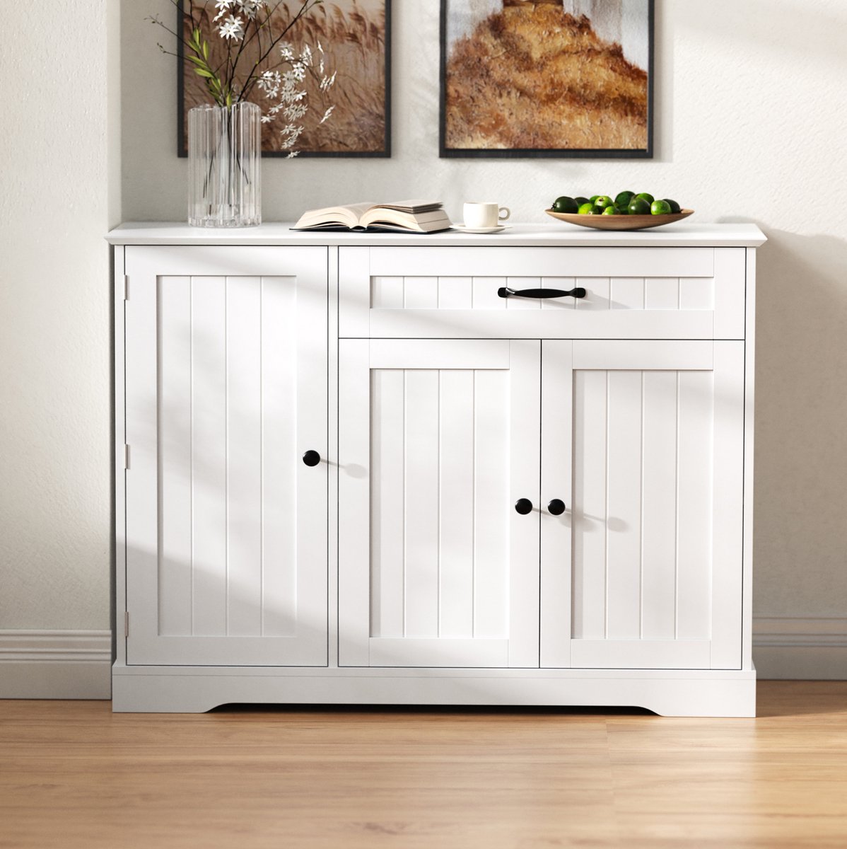 MEUNIQ dressoir 107 x 40 x 84 cm met 3 deuren en 1 lade, verstelbare planken, sideboard voor woonkamer, eetkamer of hal, wit