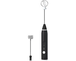 Zwarte 2-in-1 elektrische melkopschuimer, USB-oplaadbaar met twee roestvrijstalen gardes, multifunctionele mixer voor koffie, matcha en eieren