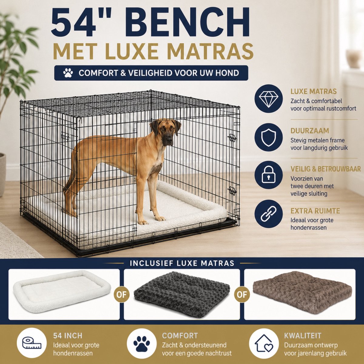 Midwest Mega Hondenbench - Zwart - 94 x 137 x 114 cm + zeer luxe benchmatras