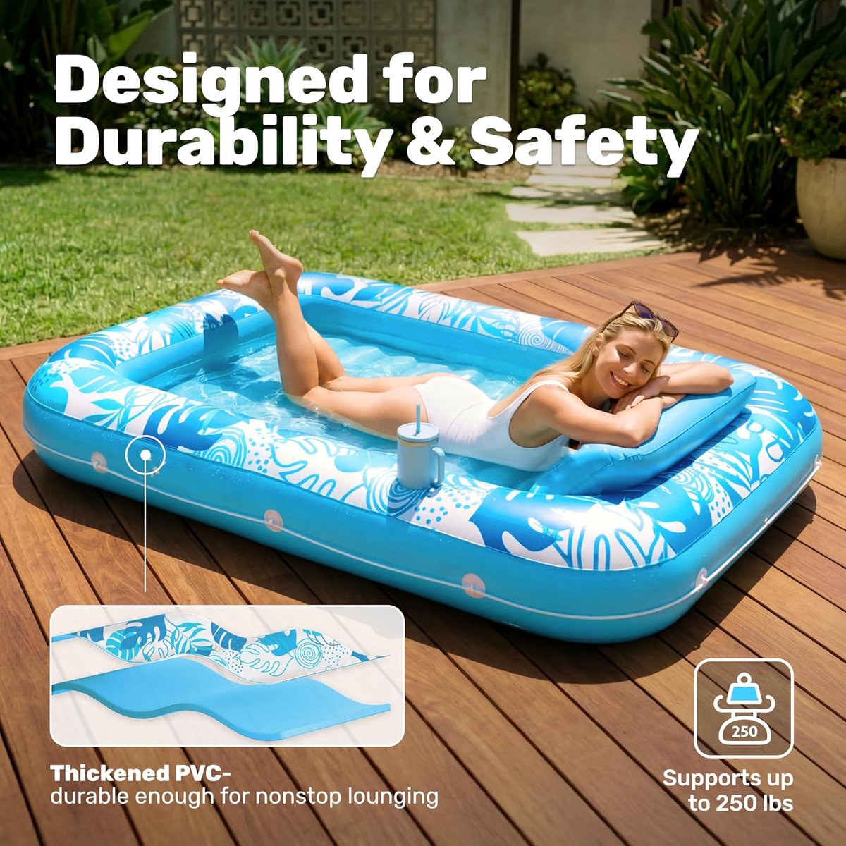 Luchtbed zwembad - Opblaasbare zwembad - Opblaasband - Opblaasbare Ligstoel voor Zwembad - Luchtbed met Afneembaar Kussen en Bekerhouders - PVC Pool Float - Drijvend Luchtbed voor Tuin Strand en Vakantie - 1 Persoons
