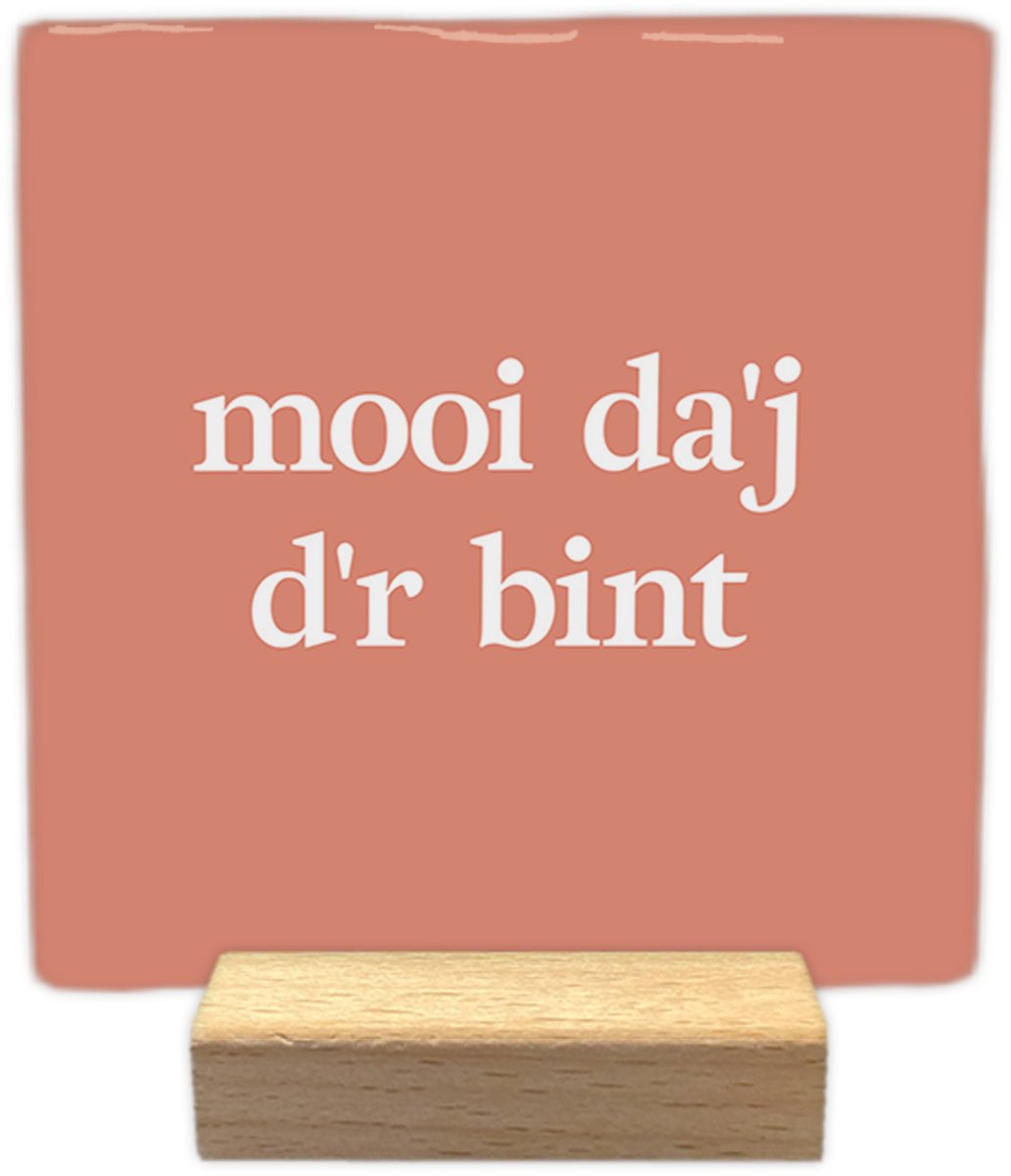 Artige Decoratie tegeltje met tekst - Mooi da'j d'r bint - keramisch - 10x10 cm - inclusief houder Zalm