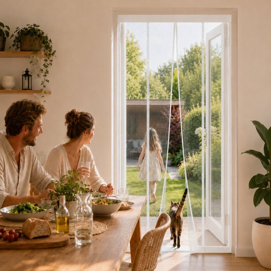 Een gezin zit aan tafel te eten, terwijl een kind en een kat door een openstaande deur met witte lamellenhor de tuin in lopen.