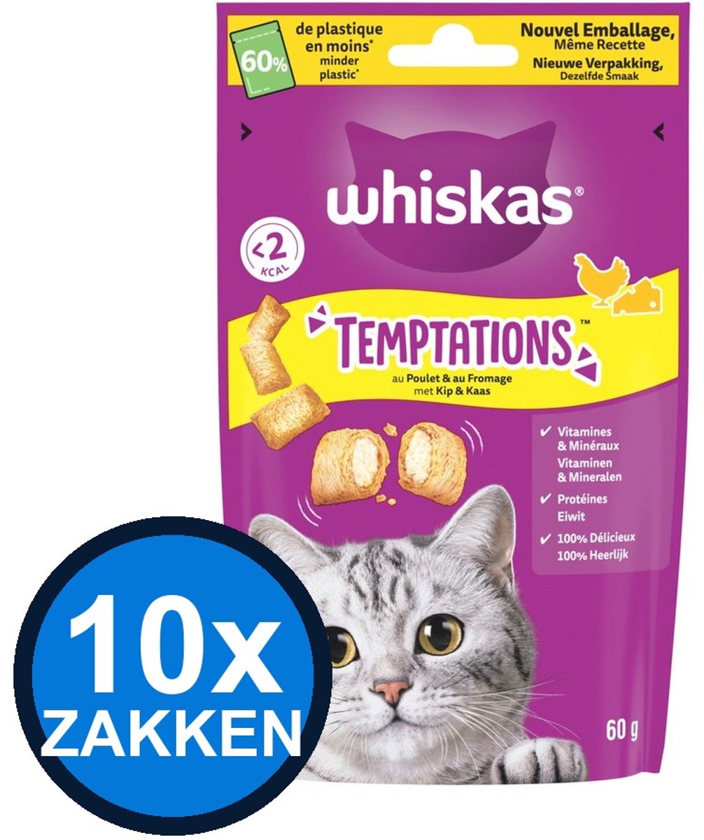 10x Whiskas - Temptations Kip & Kaas - Kattenvoer Snacks - 60 g