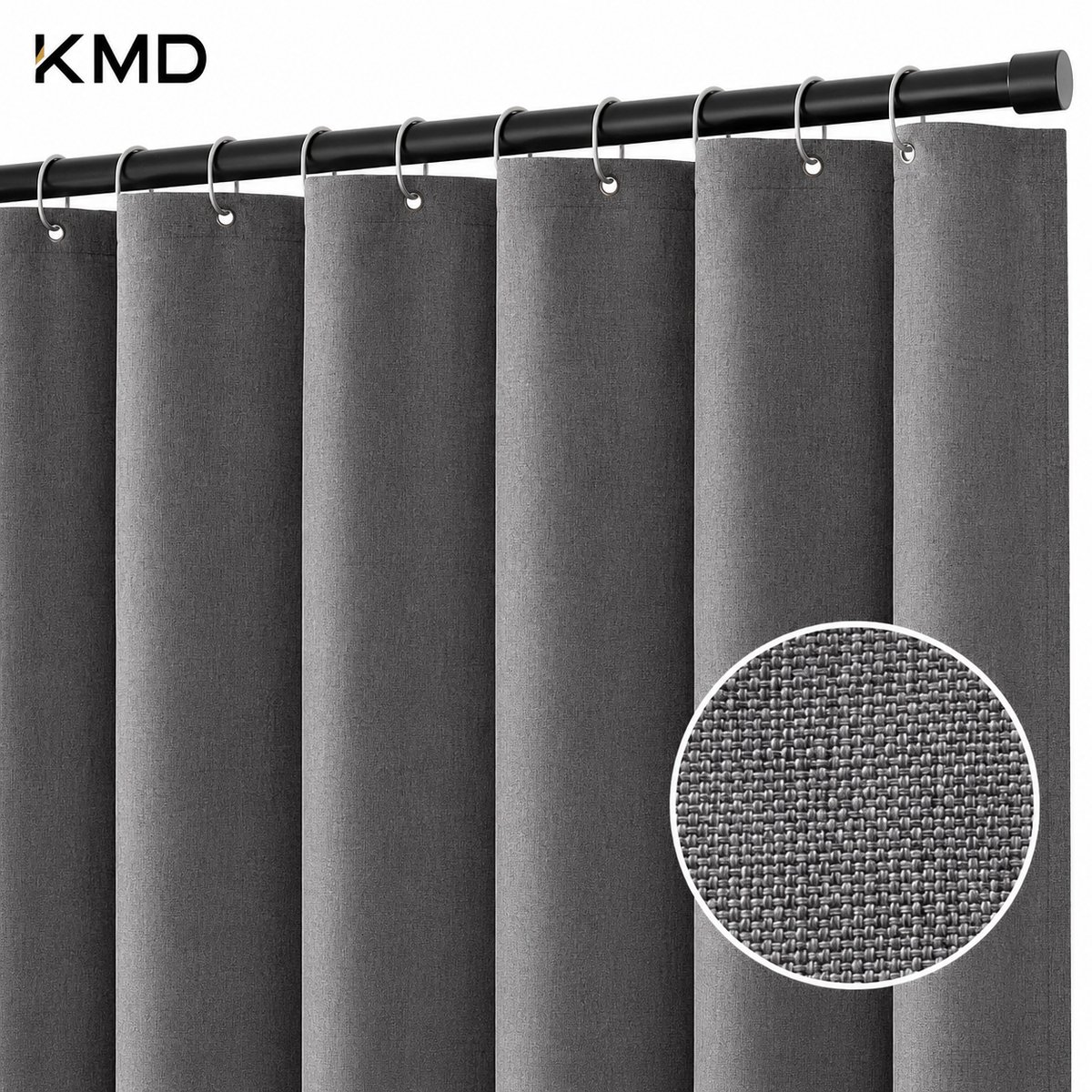 KMD Douchegordijn met linnen textuur, 150 x 180 cm, grijs, zwaar hotel, luxe polyester, waterdicht, schimmelwerend, wasbaar, stof, badgordijn voor badkamer, met 10 ringen