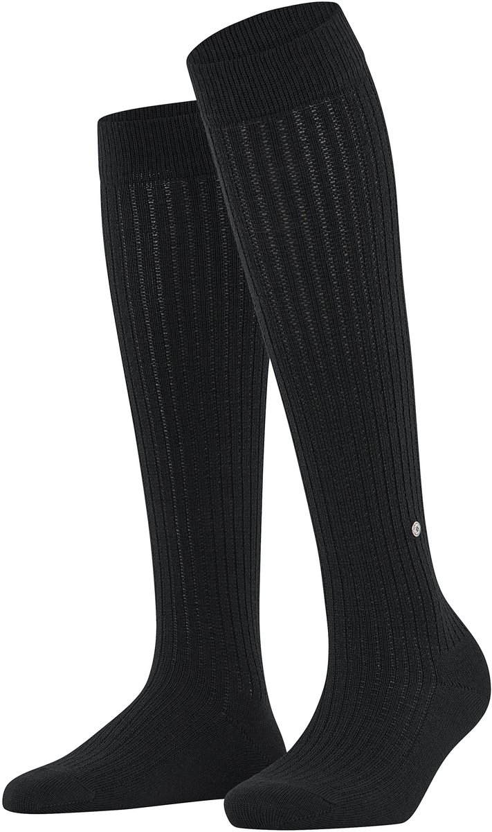 Burlington Loom lang eenkleurig wol katoen kniekousen dames zwart - maat 36-41