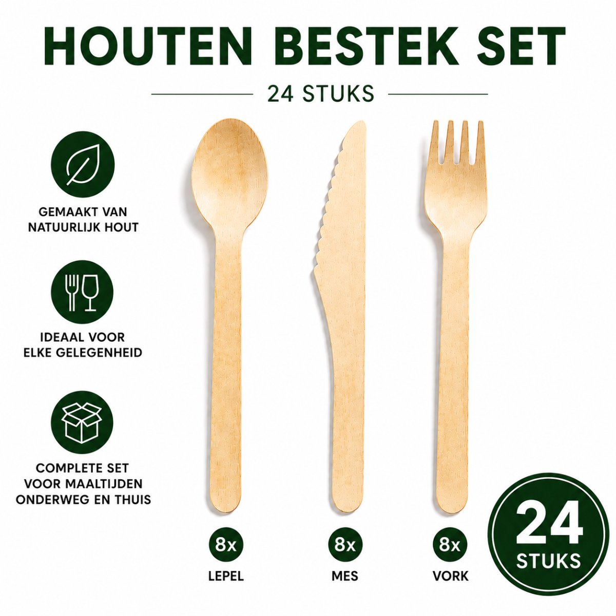 Chipa - Houten Bestek Set 24 Stuks – 8 Lepels, 8 Vorken & 8 Messen – Wegwerp Bestek – Natuurlijk Hout – Bestekset – Voor BBQ, Picknick, Feest & Catering