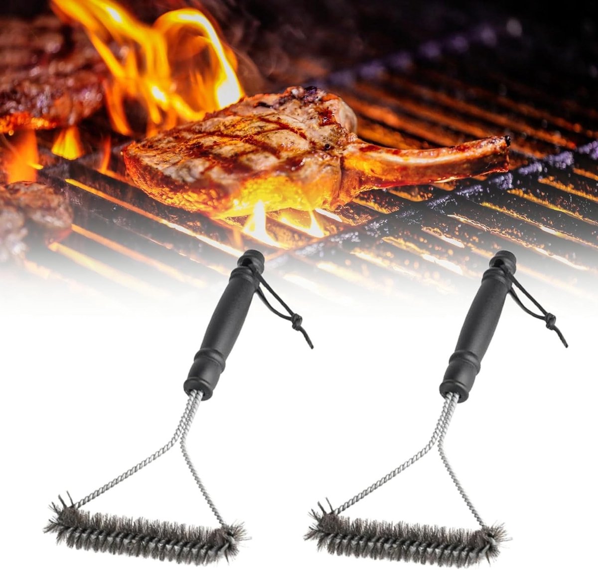 Grillborstel Set - Roestvrij Staal en Messing - 360° Reiniging - Comfortabele Handgreep - Voor BBQ en Grill