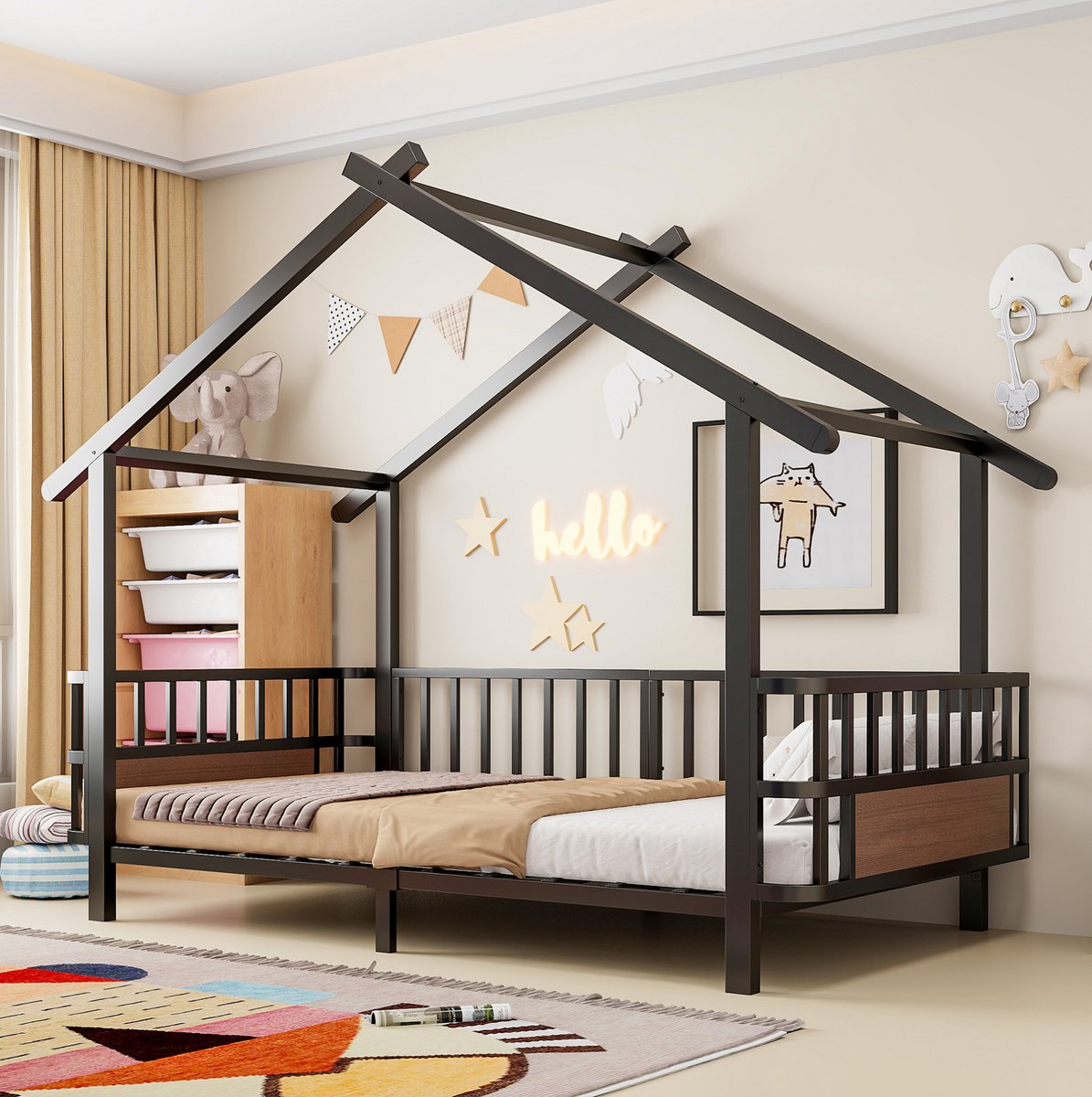 MIVRAY Kinderbed 90x200 cm - Huisvormig Bed Met Veiligheidshek en Decoratief Dakframe - Zonder Matras - Metaal - Zwart