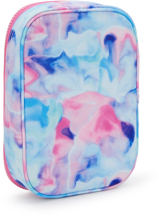 Dicht etui met aquarelprint in roze, blauw en paars, en een roze rits.