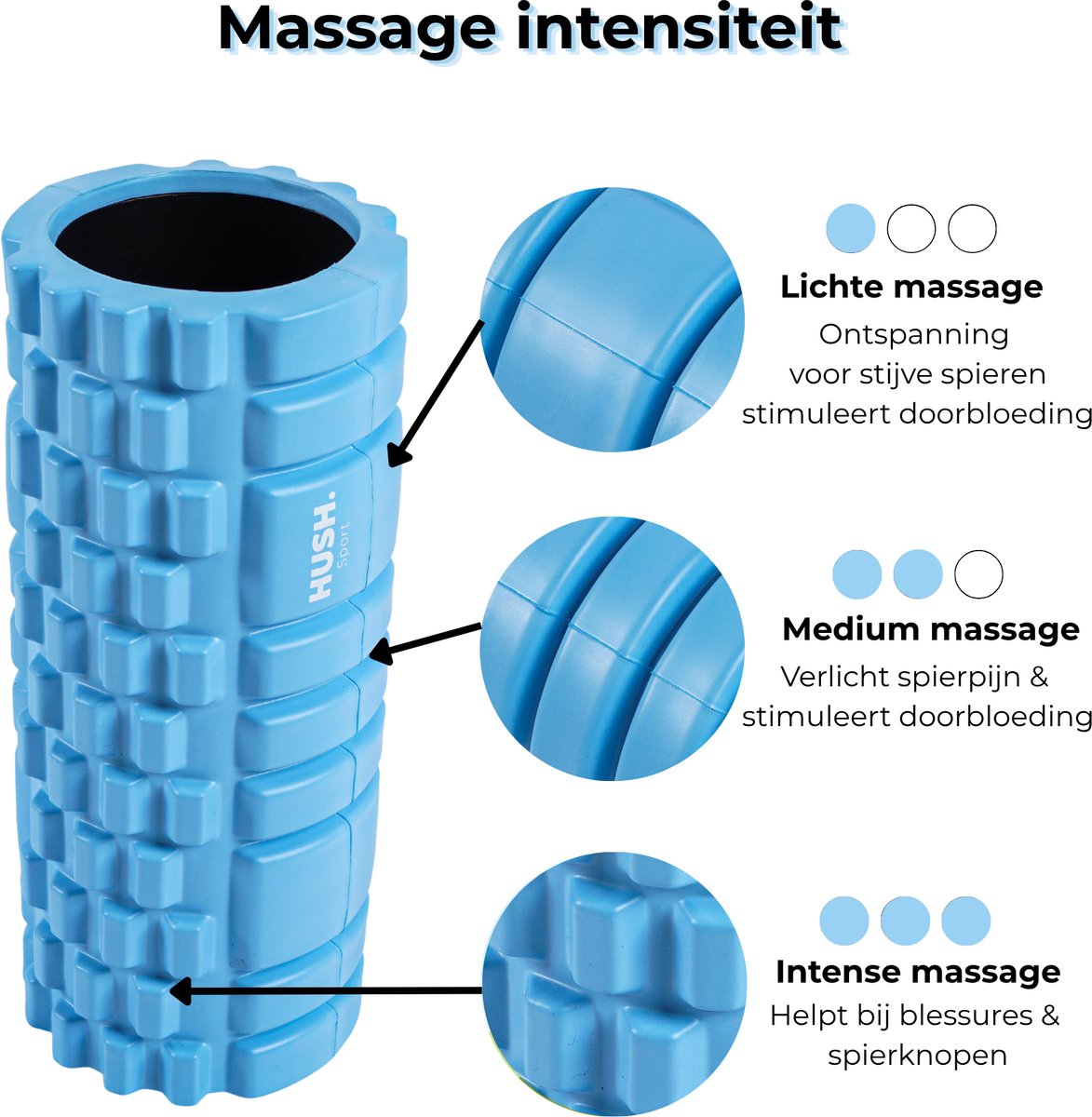 HUSH Sport - Foam Massageroller - 33x14 cm - met Grid Patroon - Spierherstel & Triggerpoint Massage - 3 Intensiteit levels - EVA Foam - Blauw thumbnail 2