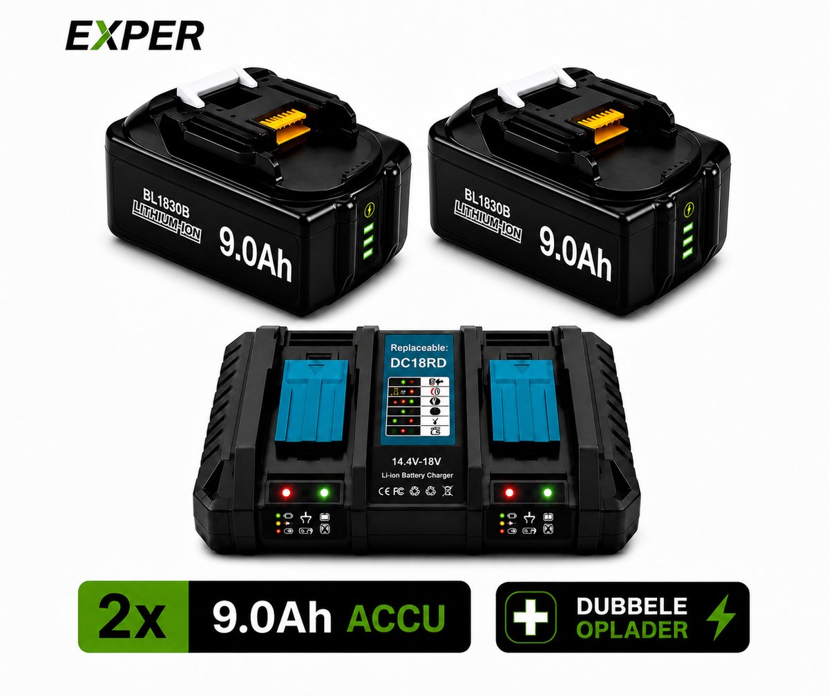 EXPER 18V Accu geschikt voor Makita - 2 Stuks - Extra Duo snellader LXT DC18RD - 18V 9.0Ah Batterij - Vervangende Accu - 9000mAh - LED display - Li-ion Accu - LED Display - Accuboormachine - 18V BL1830B BL1860B BL1840B BL1815 LXT-400 BL1850B