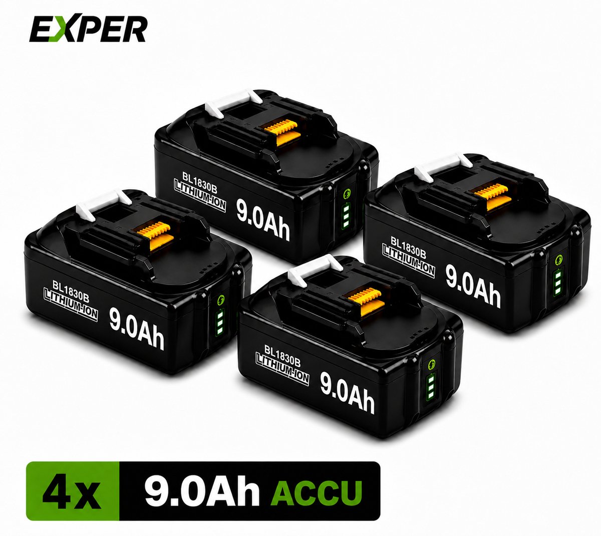 EXPER - 18V Accu geschikt voor Makita - 4 Stuks - Extra Groot 9.0Ah - BL1860B - 18V 9.0Ah Batterij - Vervangende Accu - Makita 18V - 9000mAh - LED display - Li-ion Accu - LED Display - Accuboormachine - 18V BL1830B BL1840B BL1850B BL1860B