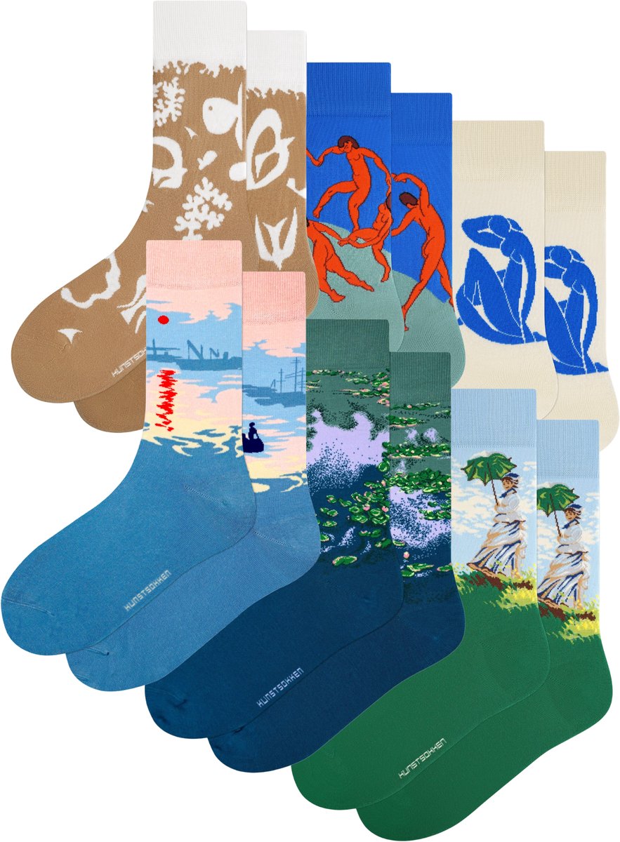 Kunst sokken - French Masters 6-Pack: Henri Matisse, Claude Monet - Sokken Dames 36 40 - Biologisch Katoenen Sokken - funny socks happy - Vrolijke Sokken - Grappige Sokken - Sokken Cadeau
