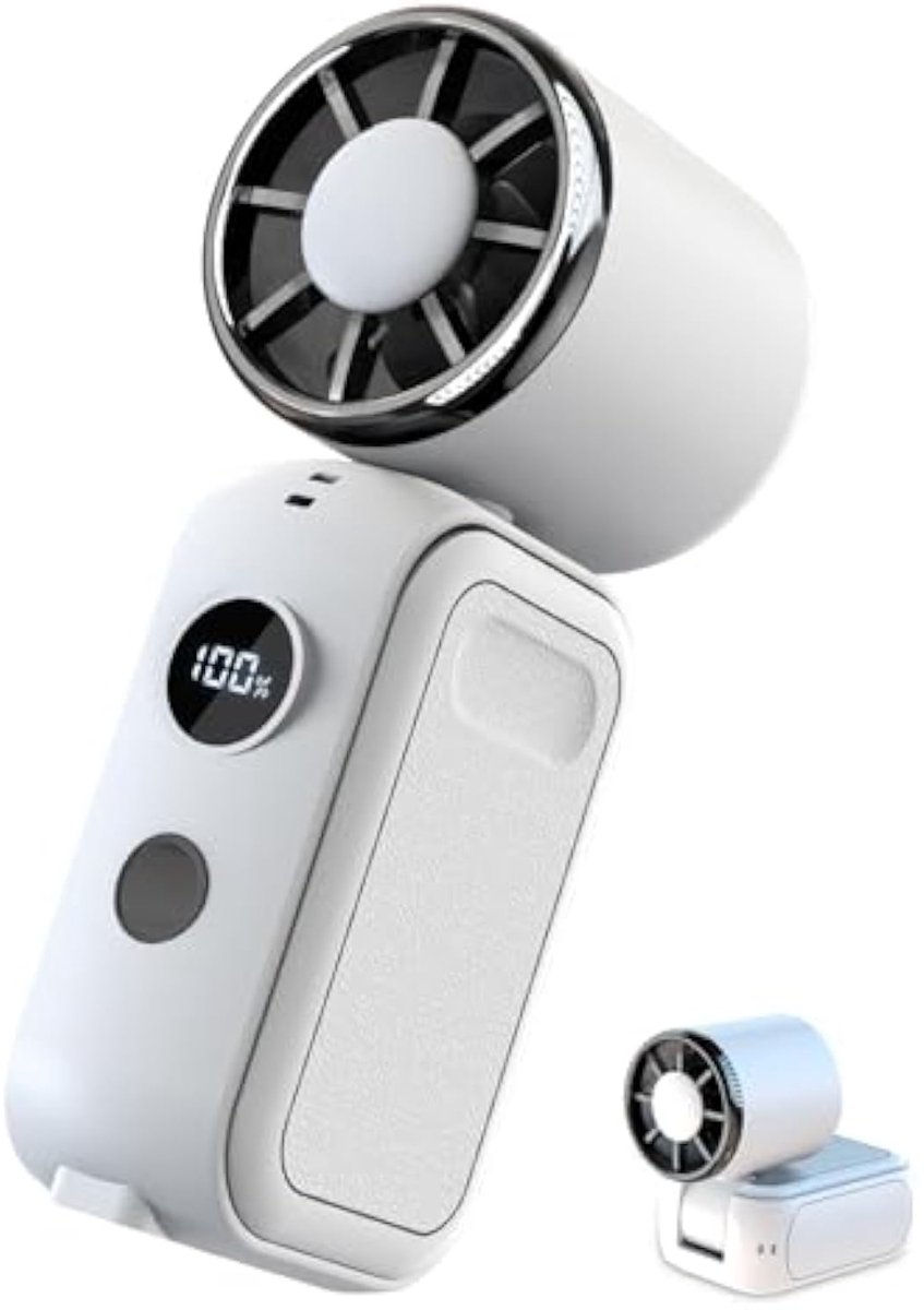 Draagbare handventilator, 3000mAh oplaadbaar, 5 windsnelheden, digitaal display, 12 uur batterijduur, USB-voeding, opvouwbare mini-handventilator, een must-have voor op reis en vakantie.