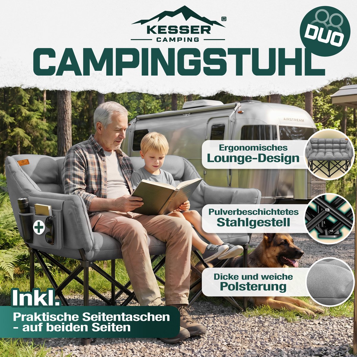 KESSER® Campingstoel Opvouwbaar geschikt voor 2 Personen Vouwstoel - Visstoel 300 kg Draagvermogen
