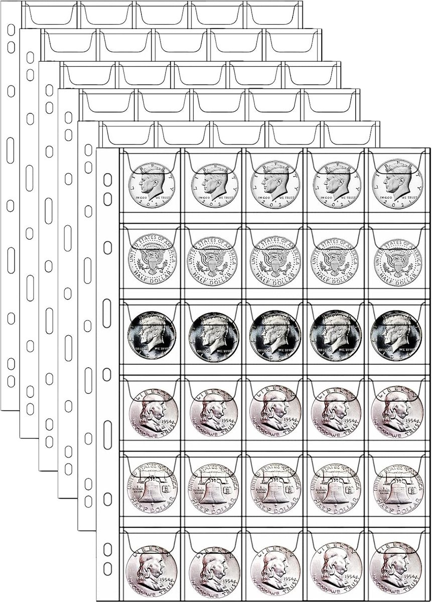Thijox - Bladeren voor Munten, 30 Hoezen per Pagina, Muntenmap voor Euromunten en Herdenkingsmunten, 10 Vellen voor Muntcapsules, Medaillons, Badges
