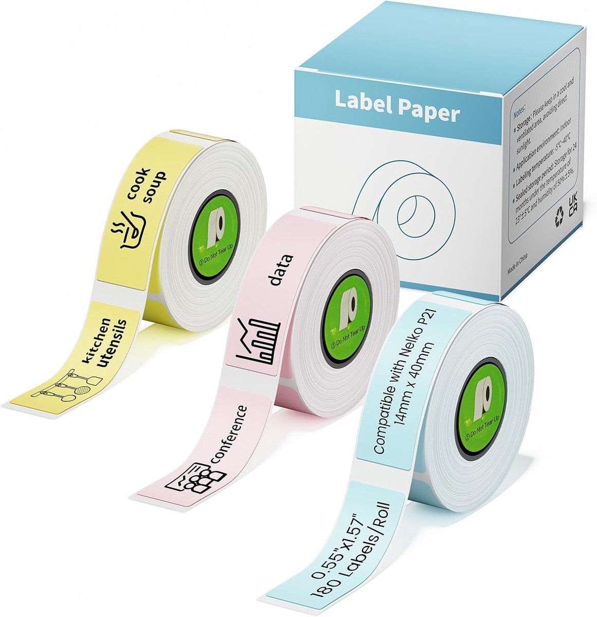 Label Tape - Blauw/Geel/Roze - Compatibel met Draagbare Labelmaker - 180 Etiketten per Rol - Voor Organisatie