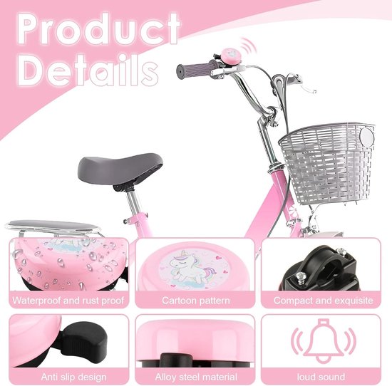 Details van een roze kinderfietsbel met eenhoorn-opdruk: waterdicht, cartoon, compact, anti-slip, staallegering, luid geluid.