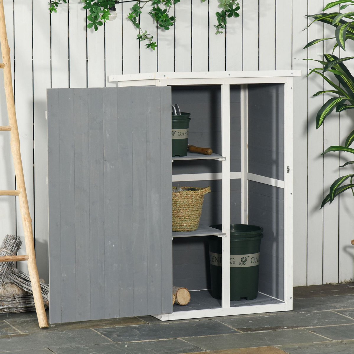 MEUNIQ tuinkast opbergkast voor buiten 75 x 56 x 115 cm met 2 legplanken, afsluitbare deur, schuin dak en houten berging voor tuin of terras in zwart, grijs en wit