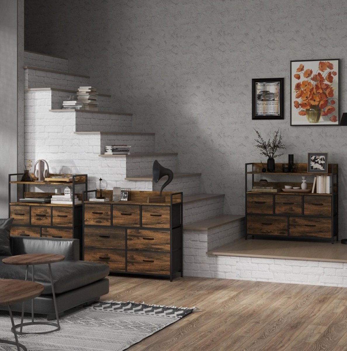 MEUNIQ kommode met 7 stoffen lades 98 x 29 x 85 cm, dressoir met bovenblad en stalen frame, industriële opbergkast voor woonkamer of slaapkamer, bruin Brown