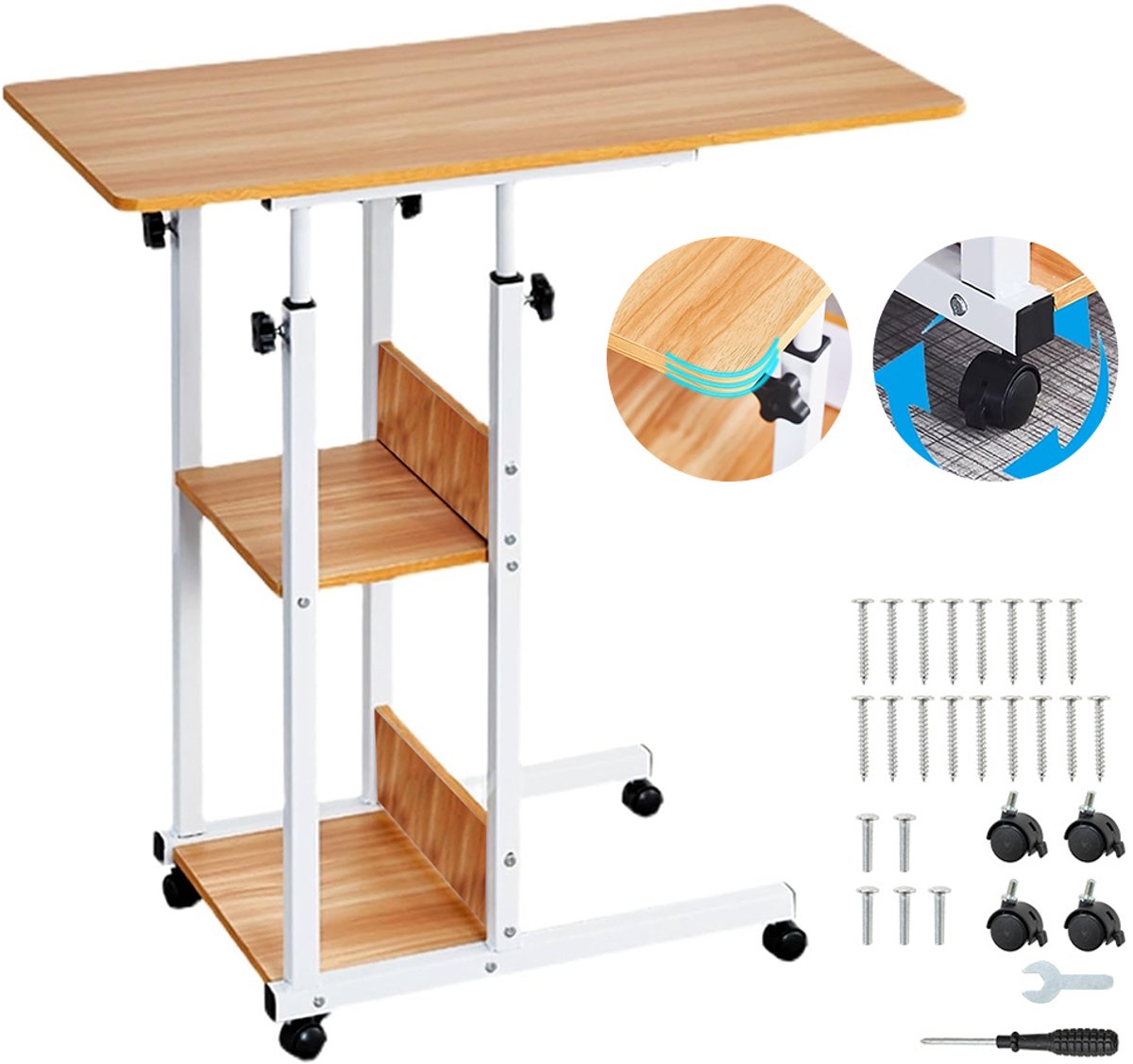 Verplaatsbaar nachtkastje - Tafel op wielen - Bureau voor luie mensen - Laptoptafel - Nachtkastje voor studenten - Minimalistisch voor thuisgebruik - 60*40 cm - Esdoornhout