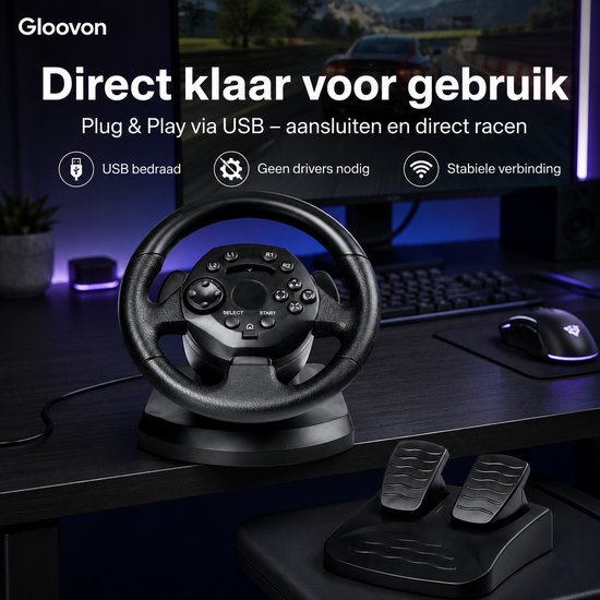 Gloovon® - Racestuur en Pedalen - Racestuur PS3 - Racestuur Standaard - Driving Force - Gaming Stuurwiel PC - Geschikt voor PS3, PC (D-Input), Xbox 360 / One, Steam en PC (XInput) - Zwart van Merkloos — afbeelding 3