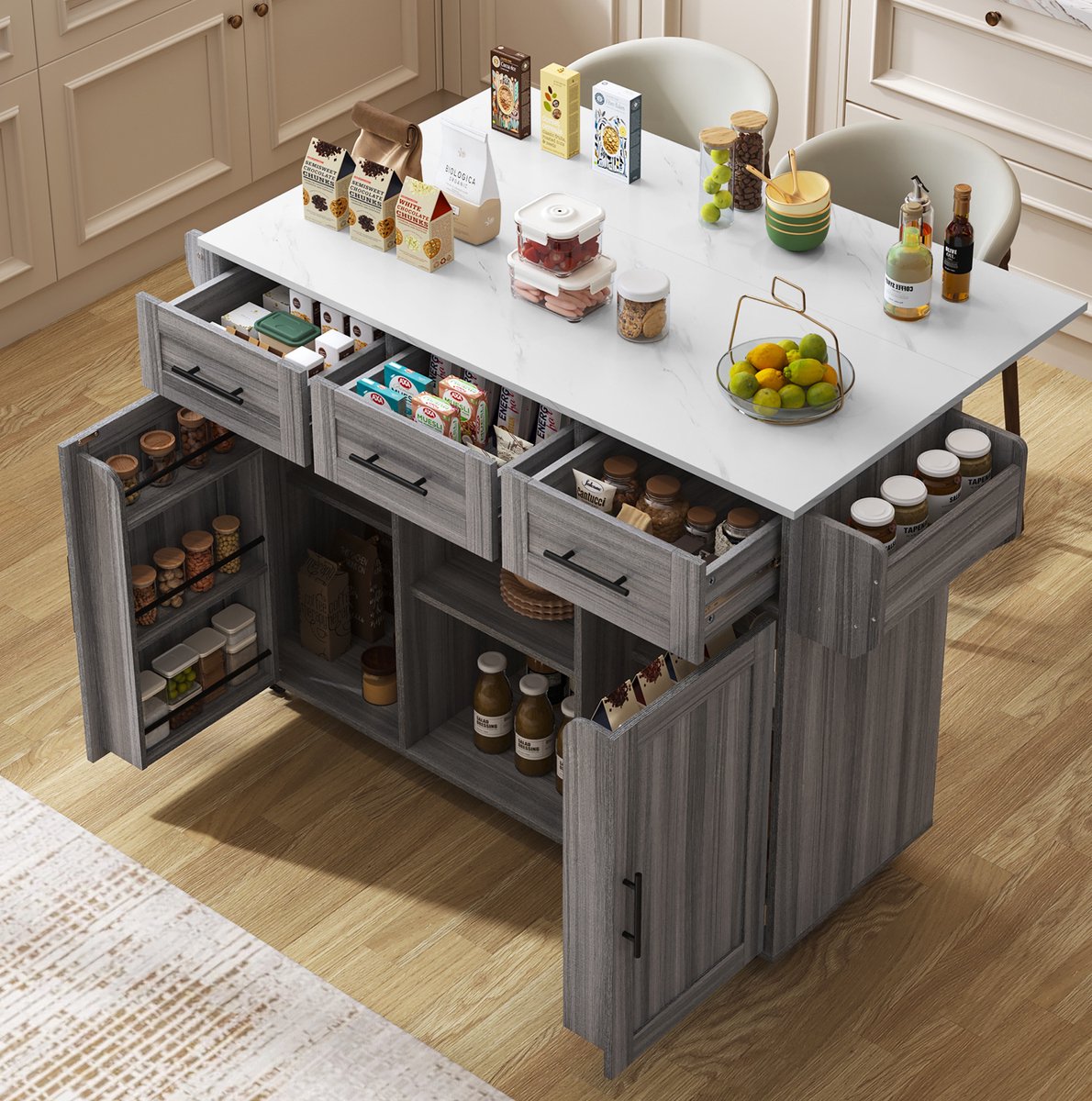 MEUNIQ keukeneiland dressoir 139 x 46(71) x 91,5 cm met uitklapbaar werkblad, 3 lades, 2 deuren, verstelbare planken en wielen voor keuken of eetkamer grijs en wit