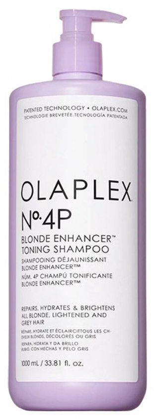 Lichtpaarse fles met pompdispenser, met daarop 'OLAPLEX N°.4P BLONDE ENHANCER TONING SHAMPOO'.