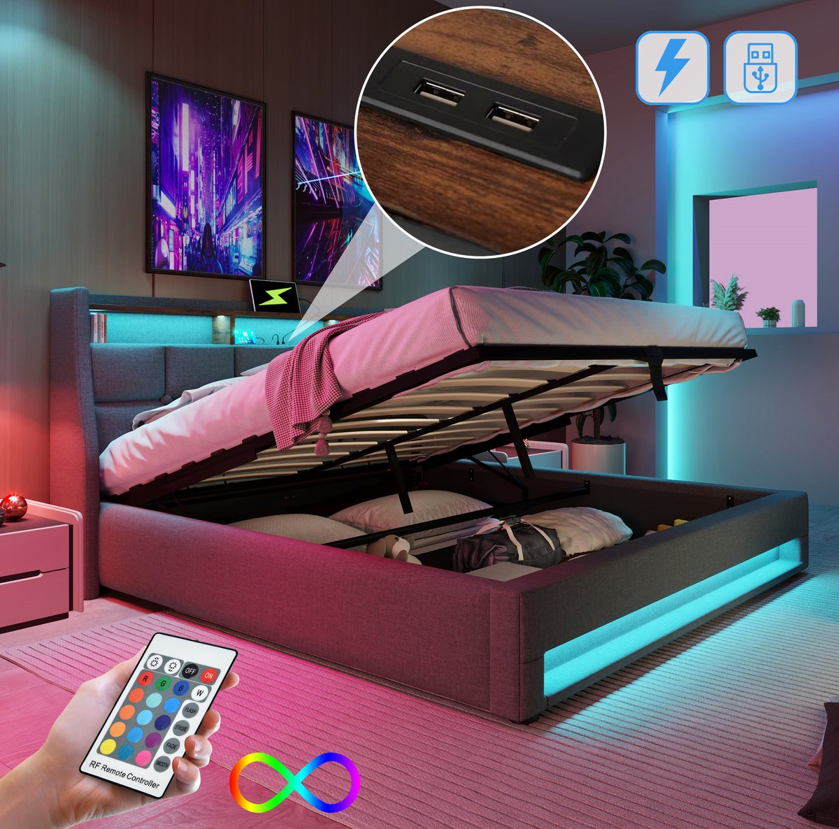 HAUSS SPOLE Gestoffeerd Bed 180x200 cm - Tweepersoonsbed Met LED, USB En Opbergruimte - Met Lattenbodem - Zonder Matras - Stof - Grijs