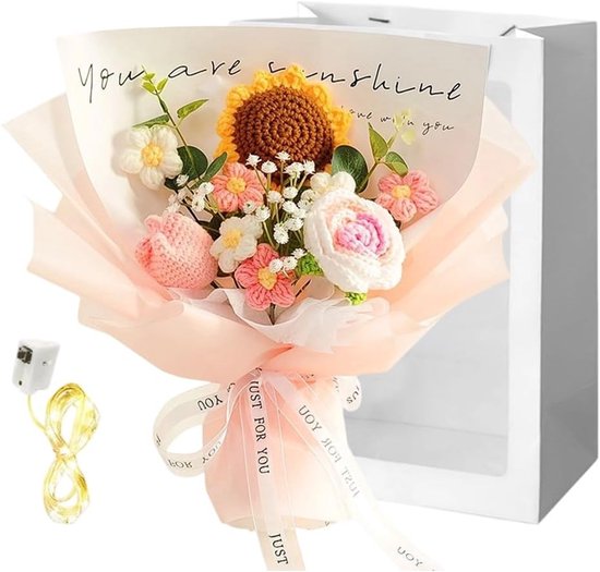 Gehaakte bloemenboeket met kunstbloemen, rozen, tulpen en zonnebloemen voor Moederdag, Valentijnsdag en verjaardagscadeaus voor vrouwen en moeders, duurzame decoratie voor elk interieur