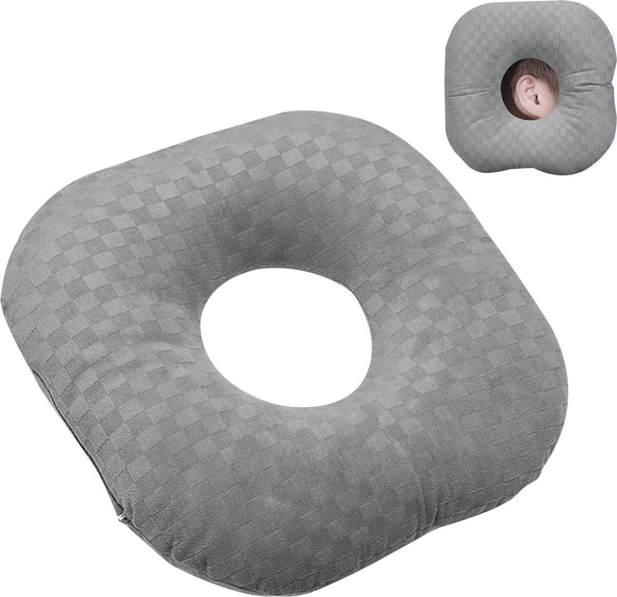 Piercing Kussen - Donut Hoofdkussen met Ooropening - Zijslaper Kussen voor Oorontlasting - Ringkussen voor Gevoelig Oor en Comfortabel Slapen - Grijs