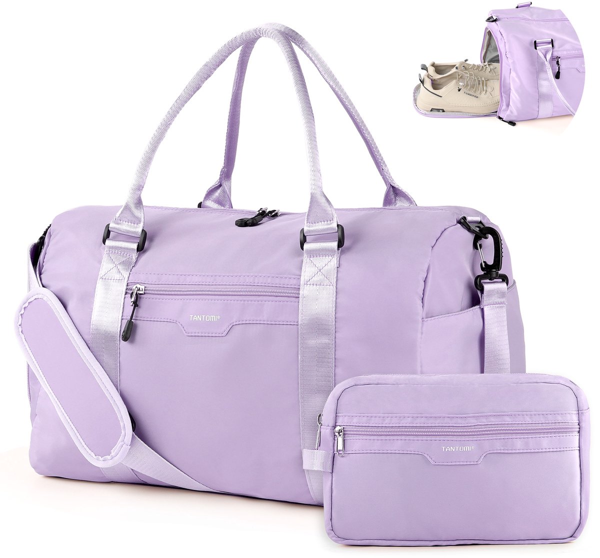 TANTOMI - Reistas - 44.5 x20 x28cm - waterdicht - met schoenenvak en nat vak - voor dames en heren - Handbagage tas - Inclusief Toilettas - Weekendtas - sporttas - voor reizen, sport, fitness - Lichtviolet