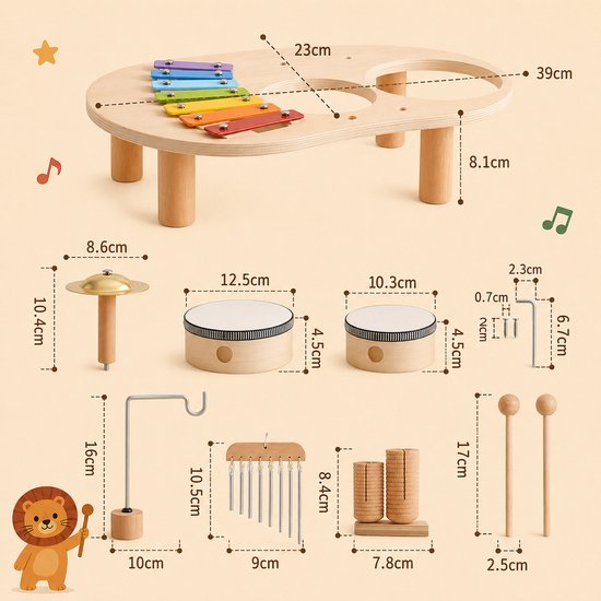 Afmetingen van de houten muziektabel met xylofoon, trommels, cimbalen, xylofoon, ratel, en stokken.