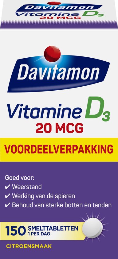 Davitamon Vitamine D3 20 mcg voordeelverpakking met 150 citroensmaak smelttabletten.