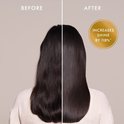 Voor-en-na-foto van donker haar met cirkel die "INCREASES SHINE BY 118%" aangeeft.