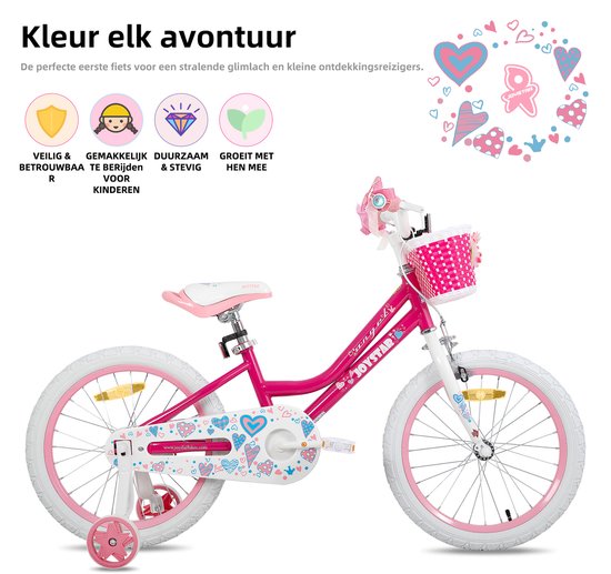 JOYSTAR Angel Meisjesfiets - Verschillende Maten 18 Inch - Met Zijwieltjes - Handrem - Inclusief Mandje - Fuchsia van JOYSTAR — afbeelding 5