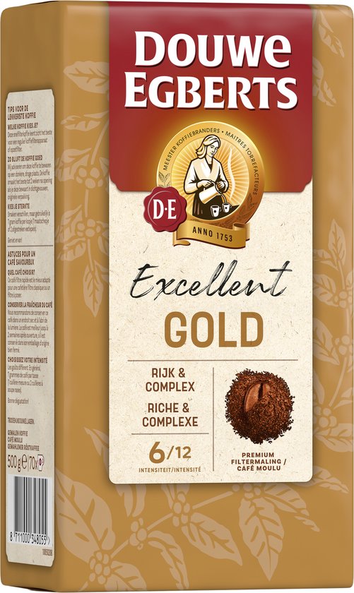 Douwe Egberts Excellent Gold verpakking met logo, "Excellent GOLD", "Rijk & Complex", intensiteit 6/12, 500g en "Premium filtermaling".