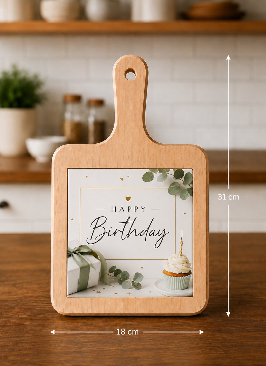 Kaasplank Happy Birthday – Met Keramische Tegel – Houten Serveerplank 18 x 31 cm – Verjaardag Cadeau