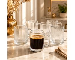 Mevaz Glazen Mokken Set van 12 – 350 ml – Geribbelde Koffiemokken met Oor – Transparante Glazen Bekers – Theeglazen – Latte, Cappuccino, Espresso & Warme Dranken – Ribbelglas