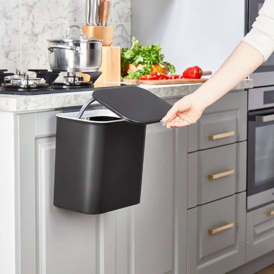 INDECOR Multifunctionele Prullenbak 15L – Aanrecht / Bureau – Met Schuifdeksel - Ophangbaar met Plakstrip - Zwart