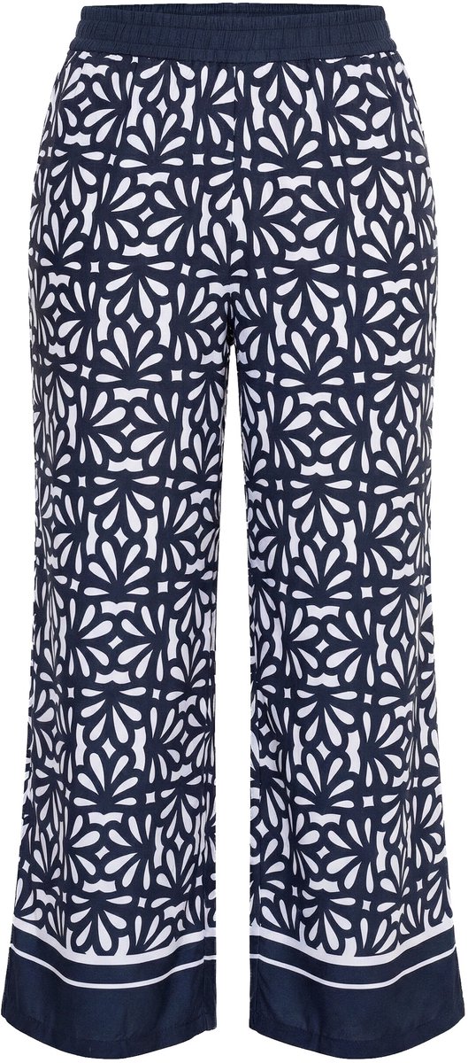 Ulla Popken - Dames - Broek Rose patroon wijde pijp elastische tailleband - Marine - Maat 50+