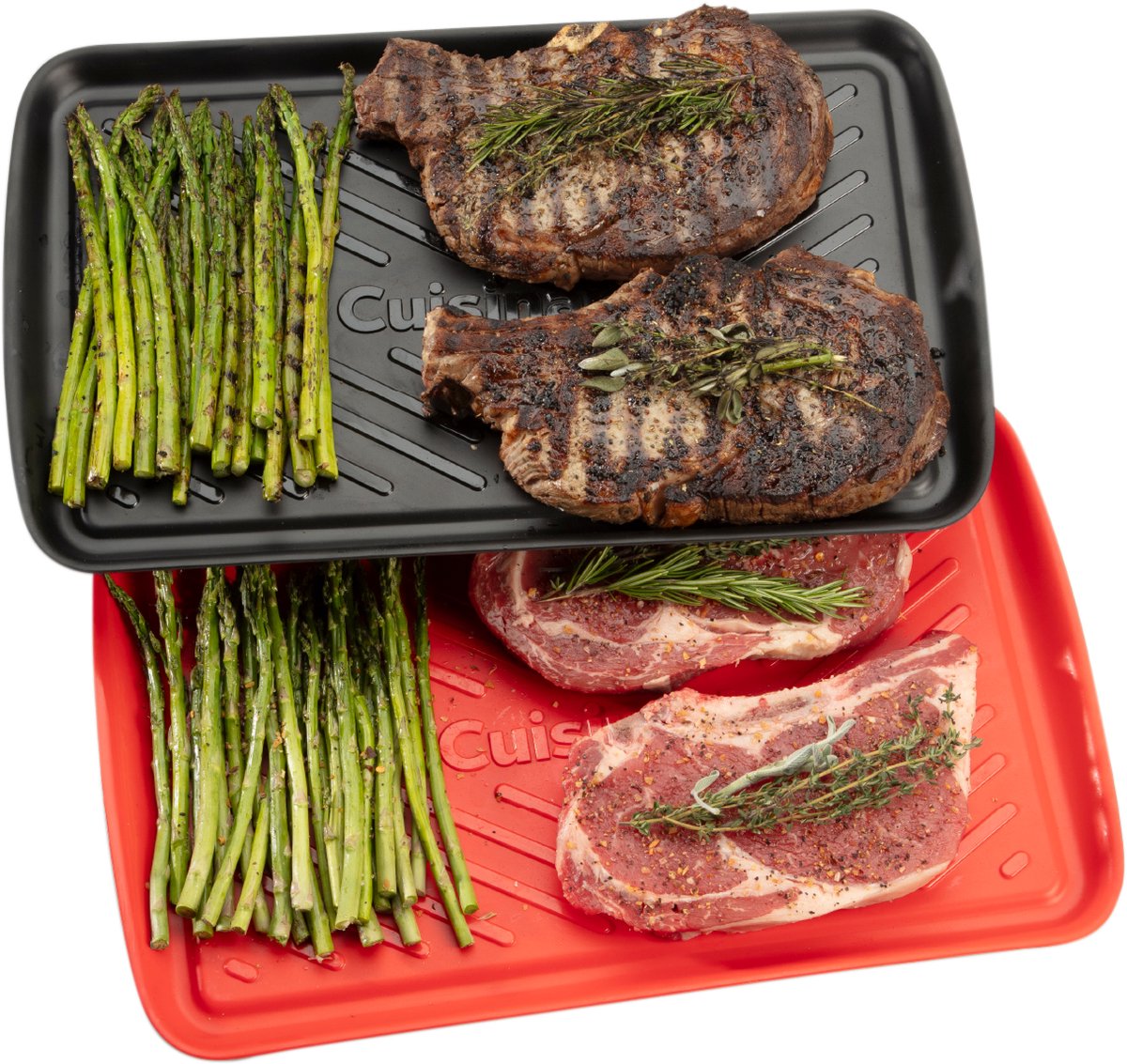 Cuisinart Grote Melamine Grillbereidings- en Serveerschalen | Set van 2 (Rood & Zwart) | Onbreekbaar, BPA-vrij, Vaatwasmachinebestendig | 46 x 37 cm | Kleurcodering voor rauw en gekookt voedsel | Koel aanvoelend, verhoogde ribben