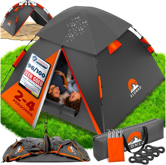 Grijze, oranje tent op groen gras, met een koppel binnenin. Tent voor 2-4 personen, zeer goed getest.