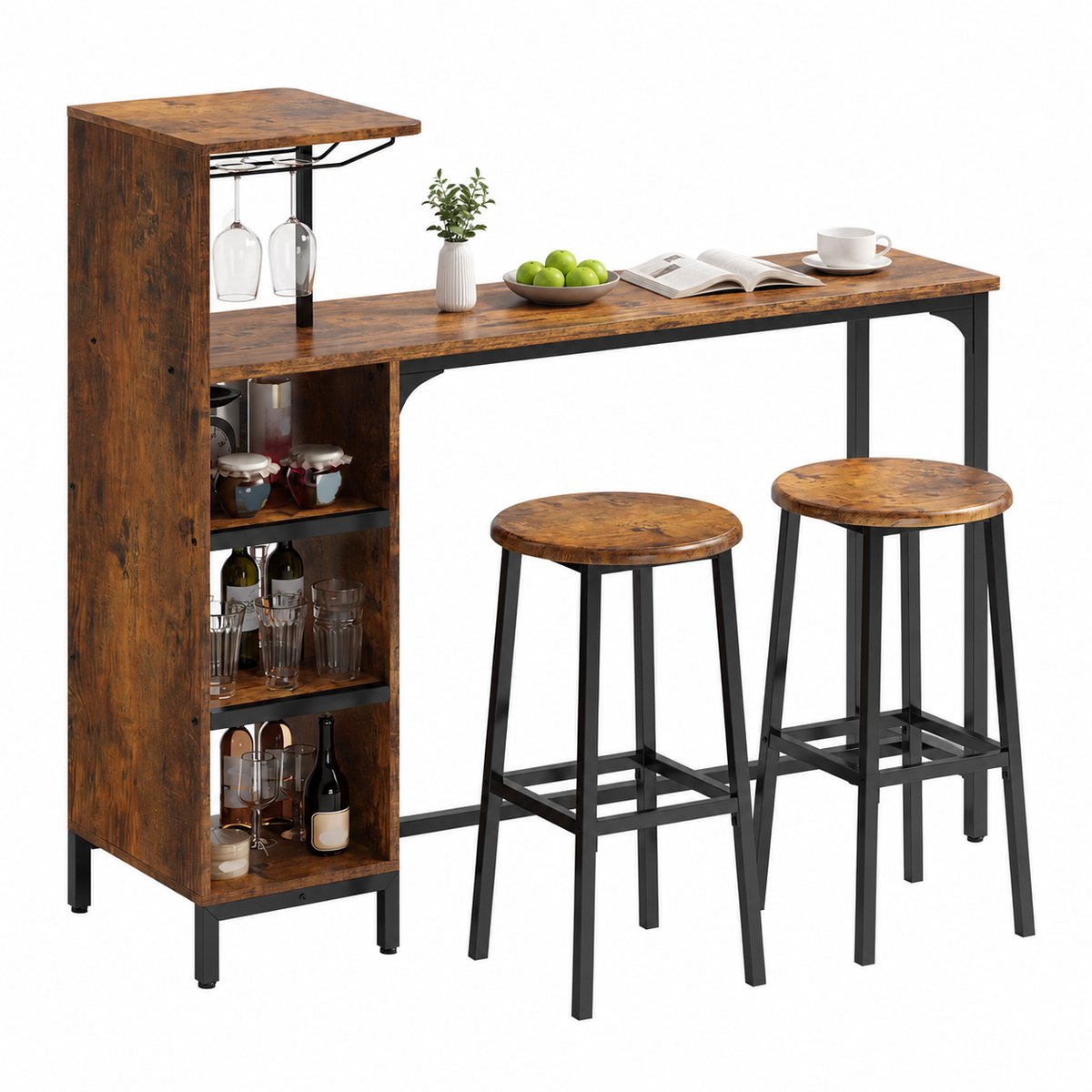 Xbro Bartafel met 2 Barkrukken – Industriële Bartafelset met Uittrekbare Planken en Glashouder – Bistrotafel voor Keuken, Woonkamer en Eetkamer,Retro