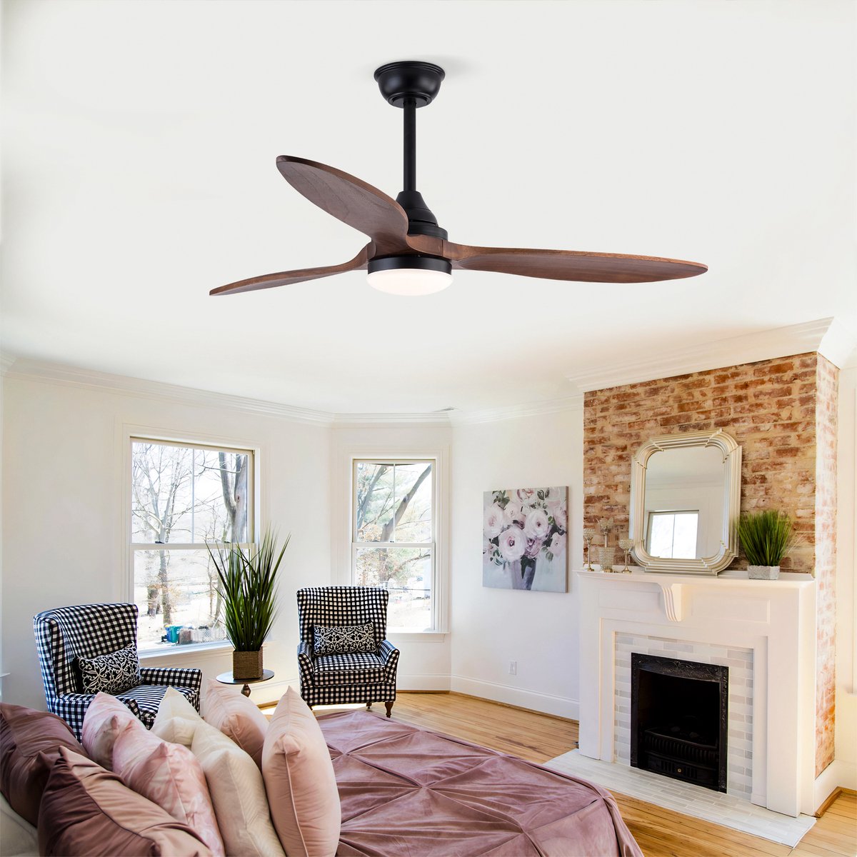 HAUSS SPOLE Ventilator - 132 cm Met Verlichting - Metaal En Hout - Zwart En Donker Walnoot - Dimbaar Met Afstandsbediening