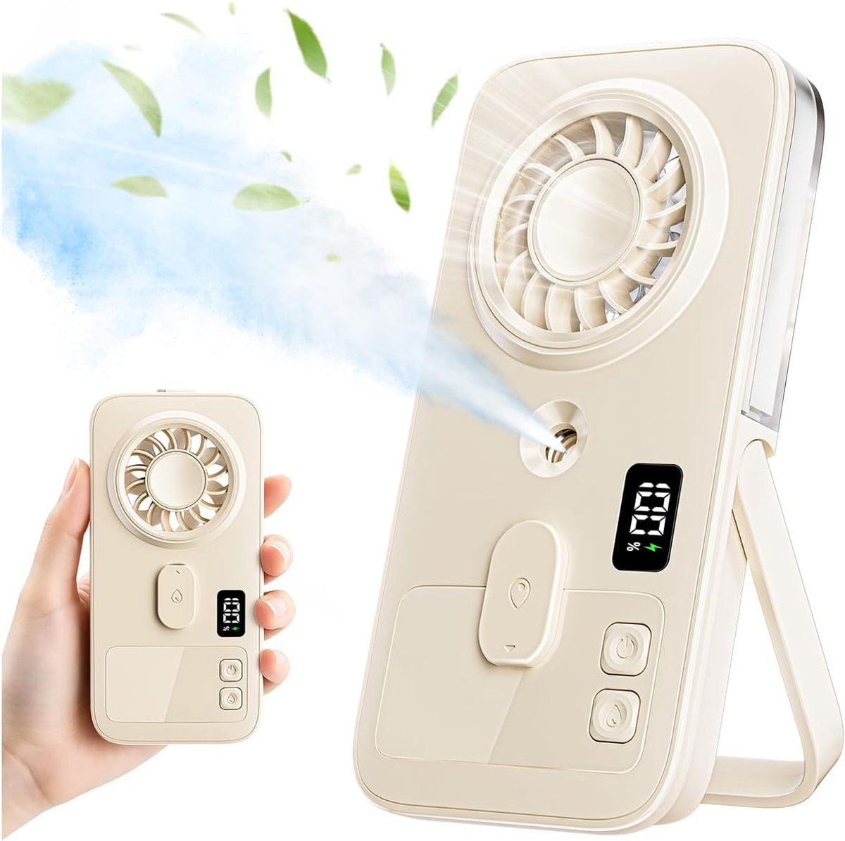 Draagbare handventilator met verneveling, oplaadbare mini-ventilator met 4 snelheden, lichtgewicht handventilator met koelspray voor op reis, stille werking voor buiten, kamperen, strand en vakantie.