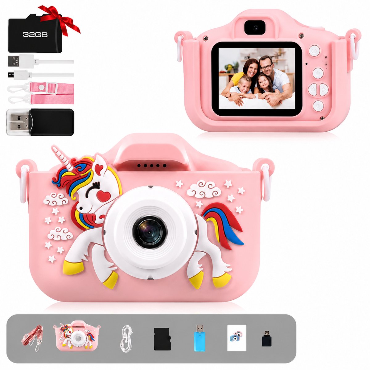 TEKROA® Speelgoedcamera voor kinderen - Kindercamera 1080p HD - Met Foto Video en Spelletjes - 32GB SD-kaart - Roze Eenhoorn