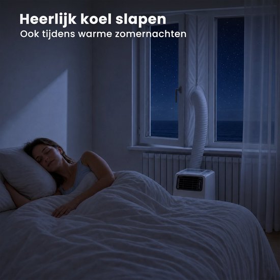 Vrouw slaapt heerlijk koel tijdens een warme zomernacht met een airconditioner op de achtergrond.