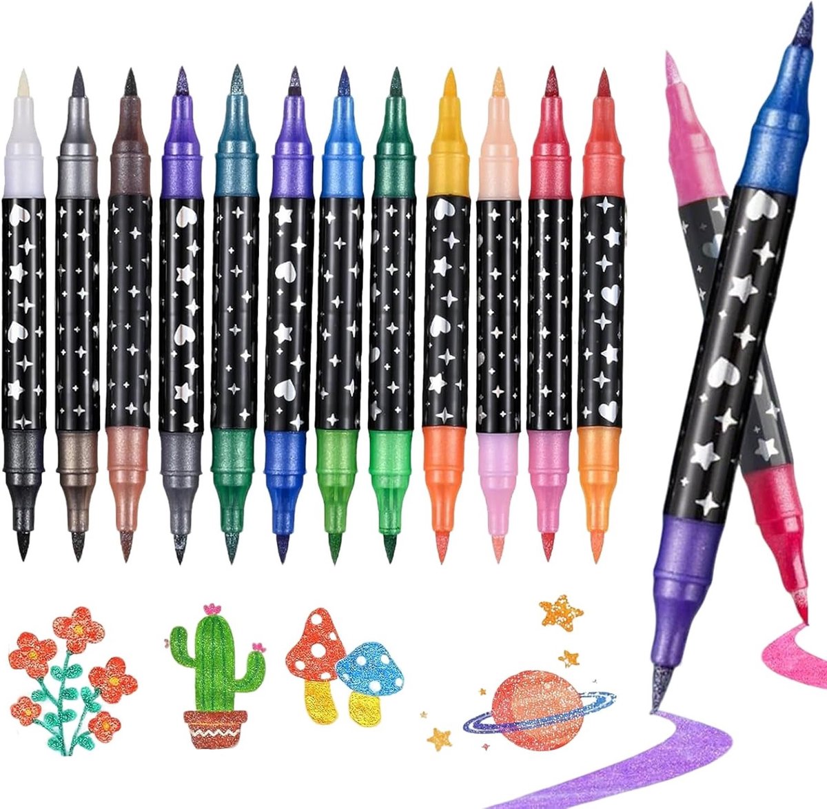 SnelShoppen - Pack van 12 Glitter Stiften met Dubbele Punt, Sneldrogend, 24 Kleuren Waterbasis, Glitter Markers voor Kinderen, Creatief Schilderen, Fe
