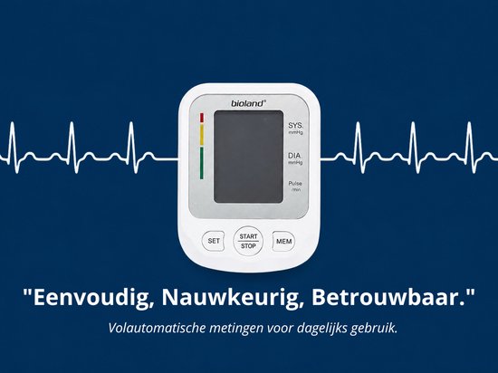 Witte Bioland bloeddrukmeter met grijs scherm, tekst 'Eenvoudig, Nauwkeurig, Betrouwbaar' en ECG-lijn.